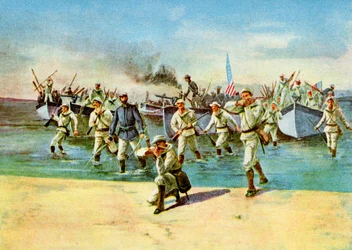 Landning av ammunition för rebellerna, under eld, spansk-amerikanska kriget, Kuba, 1898