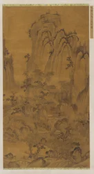 Landskap: en bergsravin, en bäck, byggnader och människor, Mingdynastin, 1400-1500-talet.