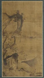 Landskap: berg och vatten, en figur under en tall, 1500-tidigt 1600-tal.