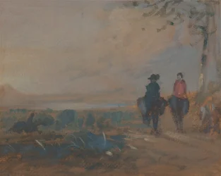 Landskap med sjö och två figurer som rider, ca. 1820.