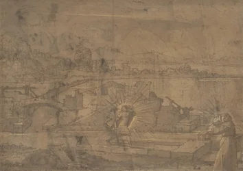 Landskap med Sankt Kristofer och manlig klosterhelgon recto..., 1500-talet.