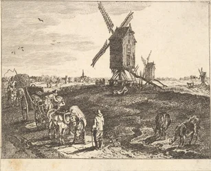 Landskap med väderkvarnar och vagn.