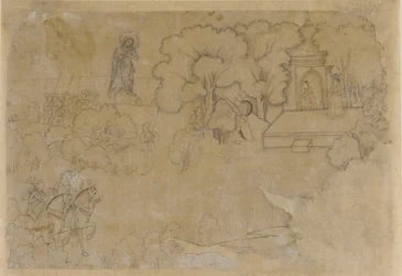 Landskap med en figur av Jungfru Maria, 1600-talet.