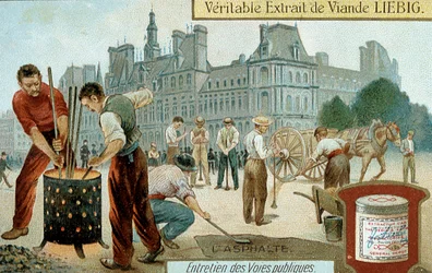 Att lägga en asfaltbaserad yta på en gata i Paris, ca 1900