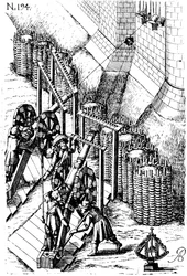 Lägger belägringskanon på mål, från Le diverse et artificiose machine, 1620