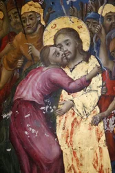 Judaskyssen. Fresk i Heliga gravens kyrka i Jerusalem, Israel