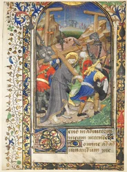 Leaf excised from the Tarleton Hours: Christ Carrying the Cross Terce, Office of the Virgin, ca. 14