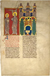 Blad från ett Beatusmanuskript: Sardeskyrkans ängel med Johannes, ca. 1180.