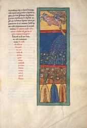 Blad från ett Beatus-manuskript: den första ängeln låter trumpeten..., ca. 1180.