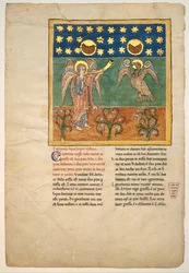 Blad från ett Beatus-manuskript: den fjärde ängeln låter trumpeten och en örn..., ca. 1180.