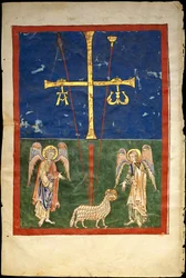 Blad från ett Beatusmanuskript: Lammet vid korsets fot, flankerat av två änglar..., c1180.