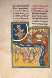 Blad från ett Beatus-manuskript: den sjätte ängeln levererar de fyra änglarna..., ca. 1180.