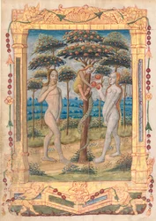 Blad från en timbok: Adam och Eva och människans fall recto..., c. 1510.