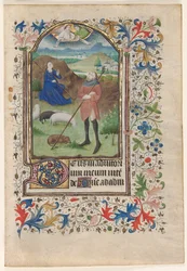 Blad från en timbok: Bebådelse till herdarna, ca. 1460.