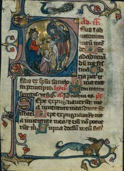 Blad ur en tidebok: initial D: Barnamorden i Betlehem, 1 av 2 utskurna blad, tidigt 1300-tal