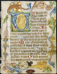 Leaf from a Book of Hours: Initial V med blomkant, ca. 1460-1500.