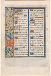 Blad från en timbok: Text med illustrerad kant ago, ca. 1510.