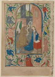 Leaf from a Book of Hours: The Annunciation recto, 1470-talet.