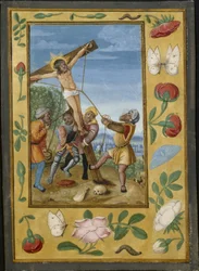 Blad från en timbok: The Raising of the Cross, ca. 1510-1520.