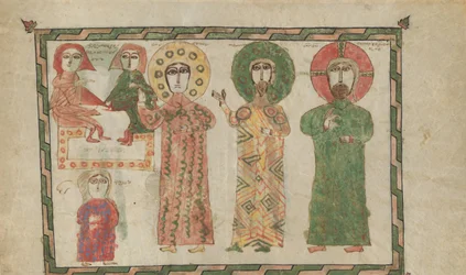 Blad från en evangeliebok med fyra stående evangelister, 1290-1330.