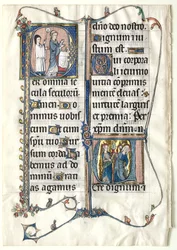 Blad från ett missal med två historiska initialer: Initial P[er omnia centuries saeculi]..., ca. 1300