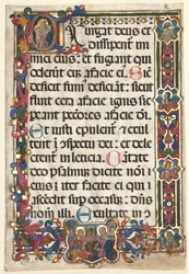 Blad från en psalter med full kant med medaljongbebådelse, SS. Jerome, Clare..., 1475.