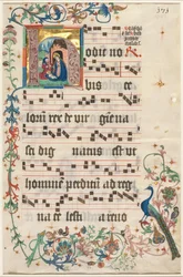 Leaf from an Antiphonary: Initial H med Nativity recto och Text verso, ca. 1480.