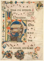Blad från ett antifonarium med historisk initial H med The Nativity recto, tidigt 1300-tal.