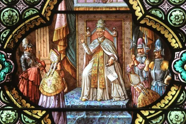 Leo XIII. Rosenkransens bubbla. Fönster i målat glas. Vår Fru av la Salettes helgedom, La Salette-Fallavaux, Frankrike
