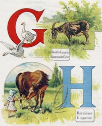 Bokstaven G och H: Goda ankor, girig get, djärvhet och Haquenee. Gravyr i "ABC L