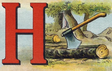 Bokstaven H: yxa. Gravyr i "Alphabet de ma petite fille". Bernardin-Bechet och Fils, bokhandlare-förlag, Paris, omkring 1895. Okrossbart album på duk. Bibliotheque des Bebes. 12 sidor. Album innehållande en läsmetod och en illustrativ abecedary.