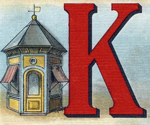 Bokstaven K: kiosk. Gravyr i "Alphabet de ma petite fille". Bernardin-Bechet och Fils, bokhandlare-förlag, Paris, omkring 1895. Okrossbart album på duk. Bibliotheque des Bebes. 12 sidor. Album som innehåller en läsmetod och en illustrativ abecedar