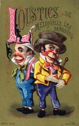 Bokstaven L: Melonville Loustics iglar. Gravyr i "Alphabet des grotesques". Serie om 25 reklamkromolitografier på en dore-bakgrund, sent 1800-tal. Mått: 11x7 cm