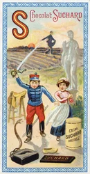 Bokstaven S: sol, sådd, såningsman, tjänare, förvirring, soldat, svärd, sadel, orm, staty, hov, väska. Gravyr av alfabetet redigerad av Chocolat Suchard, början av 1900-talet. 24 kromolitografier som representerar platser, karaktärer och föremål till