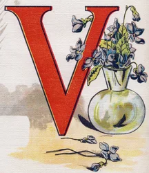 Bokstaven V: vas med violer. Gravyr i "ABC L