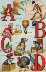 Bokstäverna A B C D; Aprikoser; Harlekin; Balans; Ballong; Bebe; Körsbär; Kattstol; Hund; Filt; Jäkel; Kalkon; Flagga. Gravyr i "Alphabet de ma petite fille". Bernardin-Bechet och Fils, bokhandlare-förlag, Paris, omkring 1895. Okrossbart album på burk