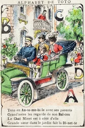 Bokstäver A B C D Bil Balkong Katt Dinette. Gravyr i "Alphabet de Toto", slutet av 1800-talet. Pont-a-Mousson avbildning. Louis Vagne, tryckare-förläggare. 12 sidor. Reklamalbum som innehåller en lysande abecedary och en förenklad läsmetod. Dämpa: