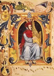 Lettrine med en man och en orgel som börjar ett partitur från Codex Squarcialupi (av Antonio Squarcialupi
