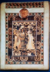 Lock på en kista som visar Tutankhamon och hans fru Ankhesenamun i en trädgård, 1300-talet f.Kr.