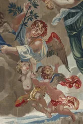 Jungfru Marias liv: ”Jungfru Marias kröning” Detalj med änglar. Bildväv av ull och siden tillverkad i Pierre Damours verkstad efter teckningar av Charles Poerson (1609-1667)