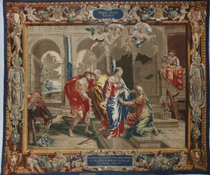 Jungfruns liv: "The Visitation"" Marias besök hos Elisabeth, Joseph och Zacharie bakom dem - Ull- och sidenväv gjord i Pierre Damours verkstad efter Charles Poersons teckningar (1609-1667)