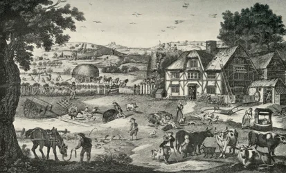 Livlig aktivitet på en 1700-talsgård, 1938