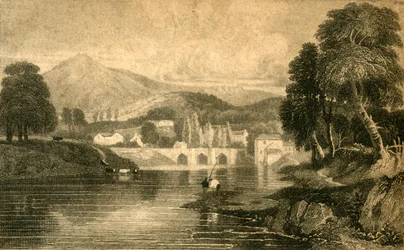 Llangollen Bridge, Castle Dinas Bran, vid floden Dee: North Wales, 1800-talet.