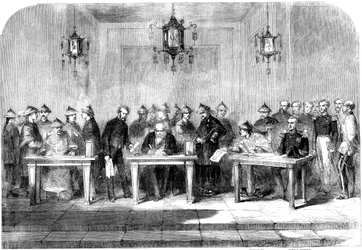 Lord Elgin undertecknar Tianjinfördraget för att avsluta det andra opiumkriget, 1858