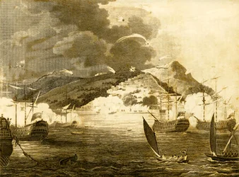 Lord Exmouths flotta bombarderar staden Alger, 1816.