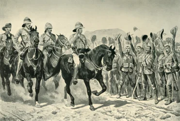 Lord Roberts hejade av trupperna vid hans ankomst till Wonder RIver, 1901.