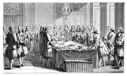 Ludvig XV undertecknar det nya fördraget, 1757, 1885
