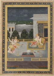 Älskare på en terrass med tre musiker, 1700-tal.
