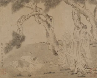 Luohan, skötare och tillbedjare under tallar, Yuan- eller Mingdynastin, 1279-1644.