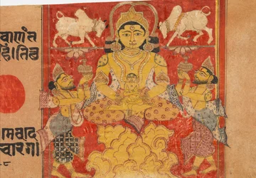Lustration av spädbarnet Jina Mahavira: Folio från ett Kalpasutra-manuskript, sent 1300-tal.